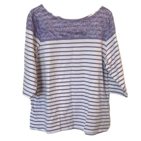 Denim & Co Purple Lace Striped Top Womens Plus Size 1x Round Neck 3/4 Sleeve - Picture 2 of 4